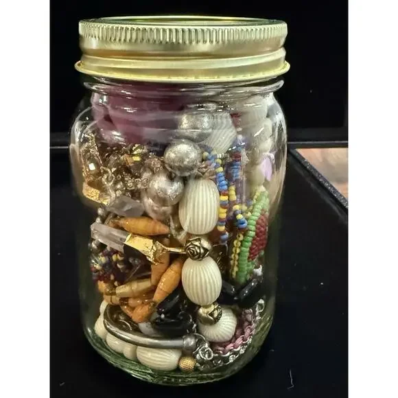Jewelry Jar Wearable Lot Beads Necklaces Bracelets Earrings Vintage 16oz Jar - Picture 8 of 9